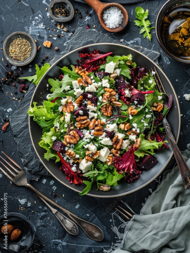 Salad with beet or beetroot, green mix lettuce, nuts, feta cheese.