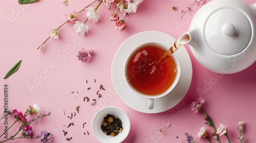 Tea Time Delight: Dry Herbal Tea Pouring from Porcelain Teapot into Cup on Pink Surface - Topview Flat lay Concept