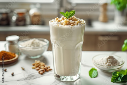 Refreshing protein smoothie with nuts and mint garnish, ideal for bariatric diet plans © bluebeat76