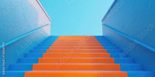 Top Level Success. Minimalistic Concept of Blue Stairs Leading to Orange Top Step with White Background