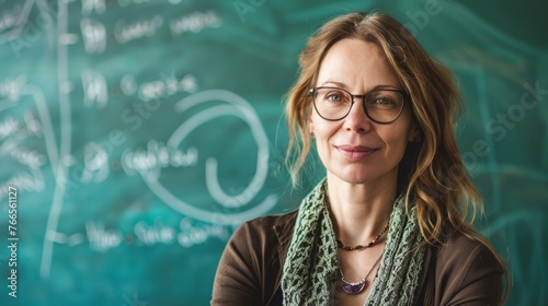 Female professor with glasses in front of a blackboard. Professional portrait with a blurred educational concept background.