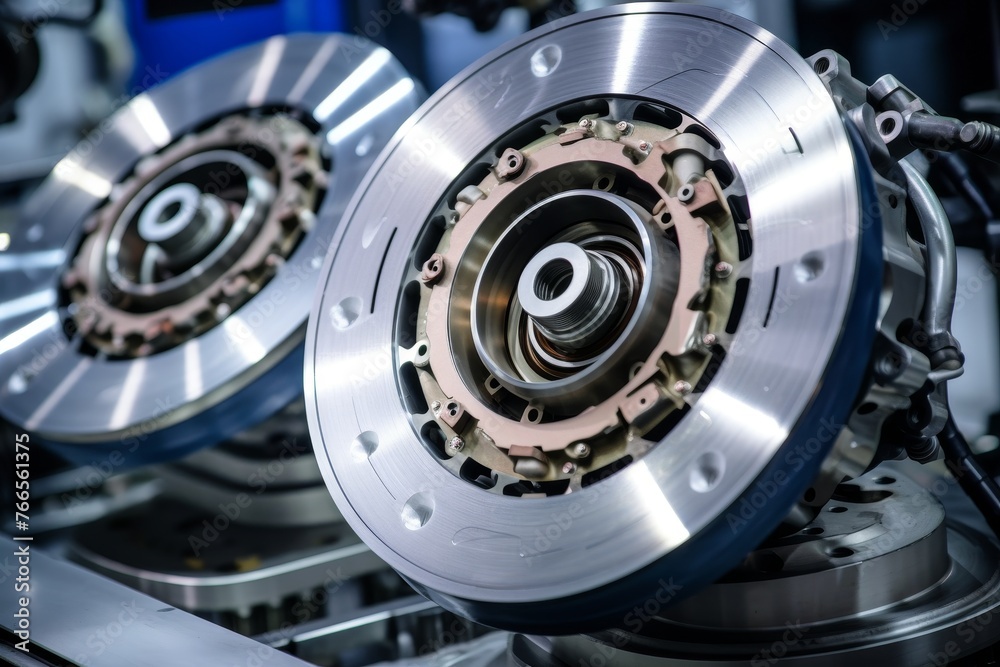 An expertly assembled car clutch assembly set against the complex backdrop of a bustling industrial manufacturing plant An expertly assembled car clutch assembly set against the complex backdrop of a bustling industrial manufacturing plant