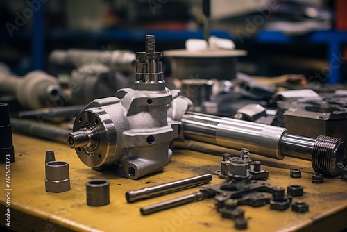 A pristine catalytic converter laid out on a workbench with various tools scattered around it photo