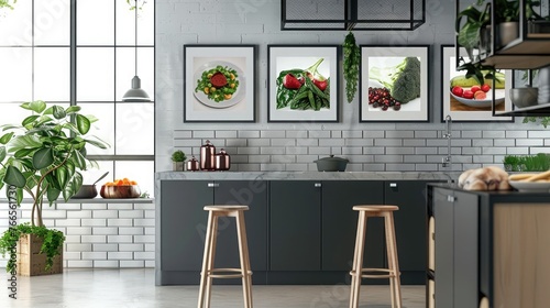 A contemporary kitchen design featuring a stainless steel frame mockup displaying culinary-themed artwork.