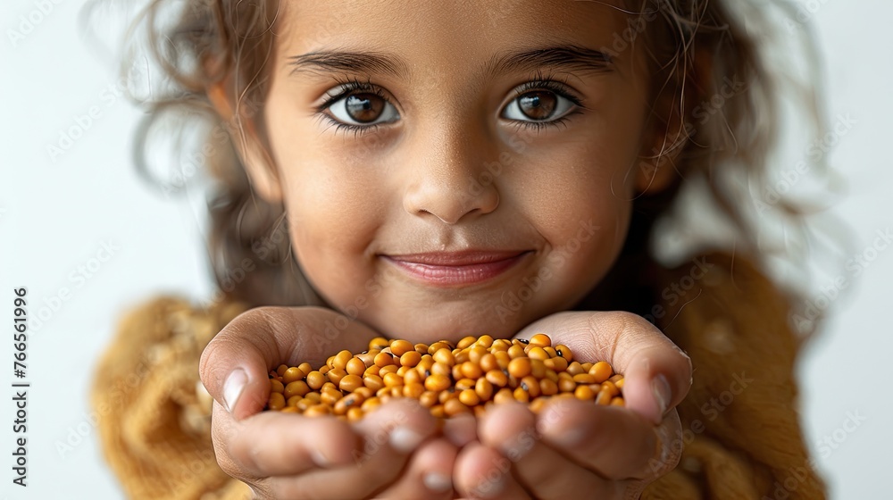 girl hands holding out grains, child development girl hands holding out grains, child development