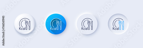 Calories line icon. Neumorphic, Blue gradient, 3d pin buttons. Diet kcal sign. Low calorie food symbol. Line icons. Neumorphic buttons with outline signs. Vector