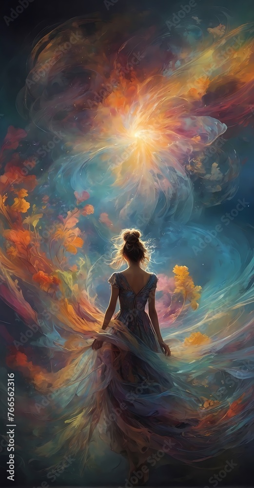A beautiful woman dancer starring up into a sky full of colors.