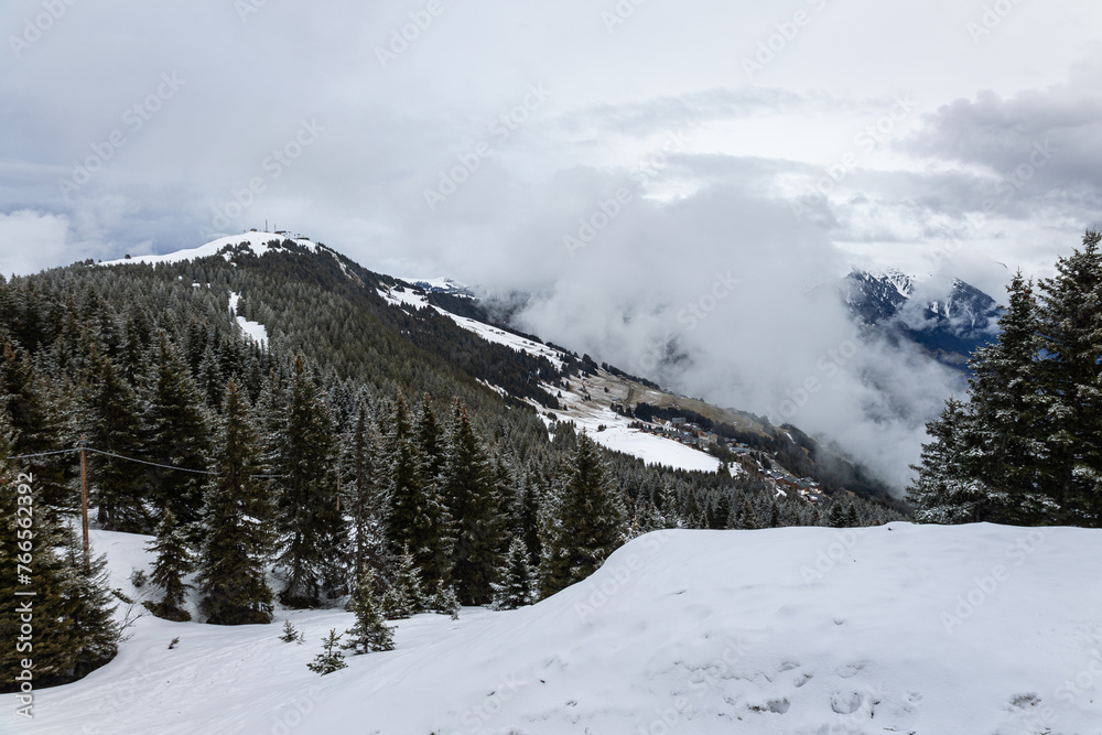 Clouds and snow on alpine forest