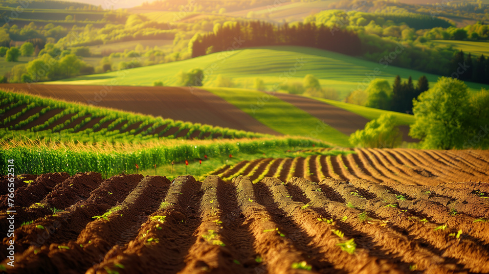 Plowed spring farm fields with sprouts. Sunny weather. Agriculture. Plowed spring farm fields with sprouts. Sunny weather. Agriculture.