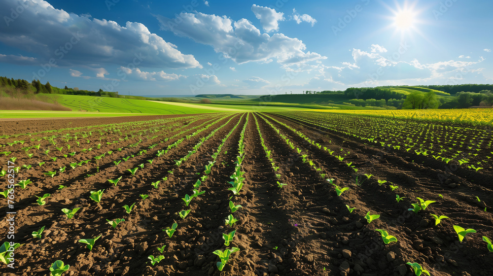 Plowed spring farm fields with sprouts. Sunny weather. Agriculture.