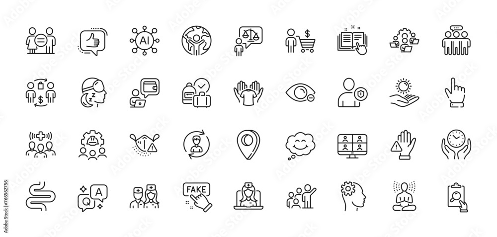Yoga, Teamwork and Engineering line icons pack. AI, Question and Answer, Map pin icons. Fake information, Inspect, Buying process web icon. Smile, Lawyer, Cursor pictogram. Vector
