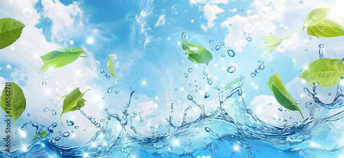 Water splash background banner with blue sky and green leaf. Natural, fresh, summer and cool concept. 