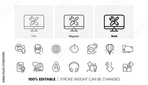 Headphones, Globe and Computer line icons. Pack of Star, Project deadline, Mail app icon. Repair, User notification, Ph neutral pictogram. Air balloon, Certificate, Energy drops. Line icons. Vector