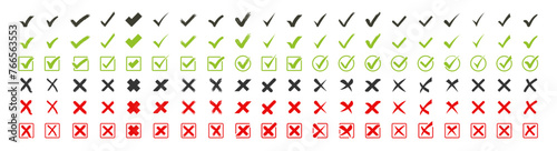 Green check mark and red cross icon set, circle and square. Tick symbol in green color. Hand drawn checkmark illustration