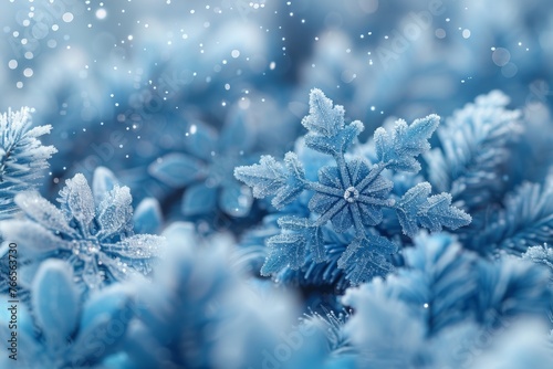 Blue Sparkling Winter Wonderland Background, Snow, Snowflakes, Bokeh, Horizontal Christmas Illustration.    © Carl & Heidi