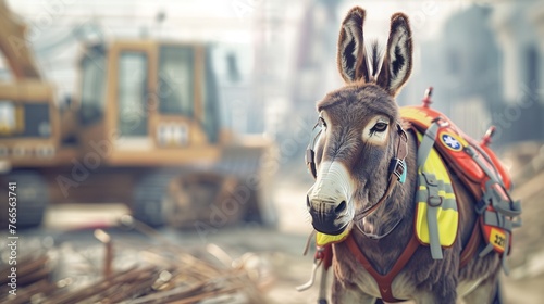This high-definition image showcases a donkey, dressed in safety gear, embodying the spirit of World Safety Day against the nuanced blur of a construction site.