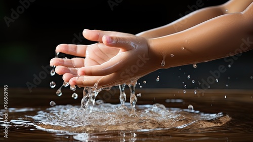 Close-up, children's hands taking water, washing, washing hands