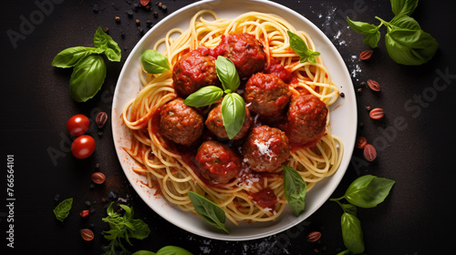 Pasta and meatballs with tomato sauce. Top view