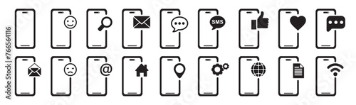 smartphone icon set with reaction, message sign, like. Chat bubble icon. Telephone call sign. Contact us symbol. Cell phone pictogram isolated on white background.
