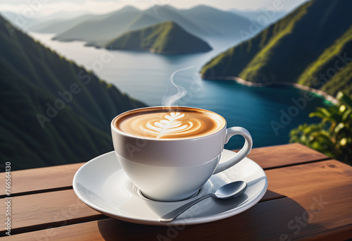 Hot coffee in ceramic cup with mountain background