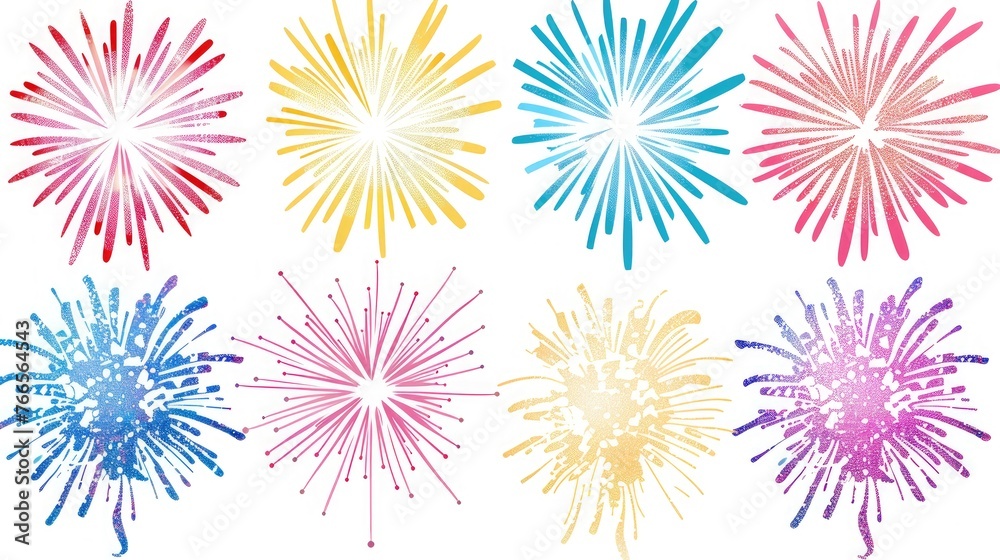 A collection of clipart fireworks, bursting with energy and color, set against a backdrop of pristine white. A collection of clipart fireworks, bursting with energy and color, set against a backdrop of pristine white.
