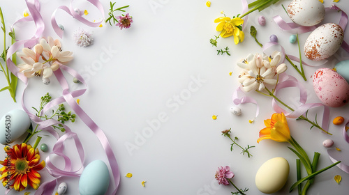 Easter Delight  Vibrant Flat Lay with Eggs  Flowers  and Ribbons