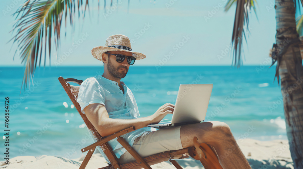 person working on laptop at the beach, laptop, beach, computer, sea, business, summer, notebook, internet, work, working, vacation, ocean, sitting, technology, travel, water, sand, holiday