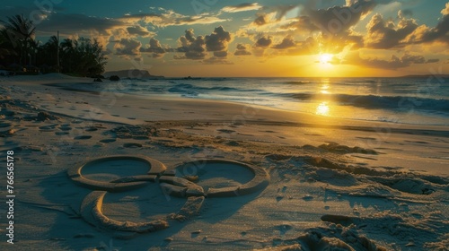 sunset on a paradisiacal beach with sand that forms a circle photo