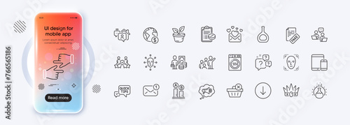 Chemistry experiment, Leadership and Global business line icons for web app. Phone mockup gradient screen. Pack of Click hands, Megaphone, Cognac bottle pictogram icons. Vector