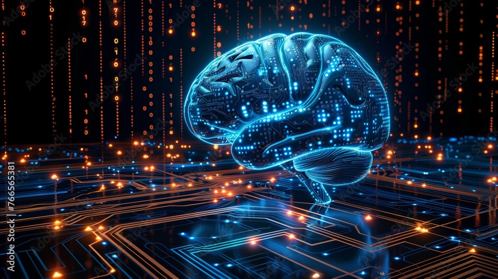 glowing circuitry within a cybernetic brain symbolizing futuristic technology - obrazy, fototapety, plakaty 