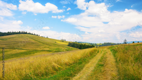 path through grassy meadow. green hills rolling in to the distance. blue sky above the distant mountain ridge on the horizon. rural tourism in summer. explore countryside of ukraine