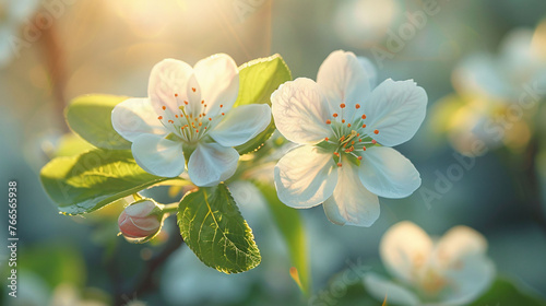 cherry blossom close-up green background. Cherry and apple tree blossom close-up. Selective focus and copy space. Spring trees blossom.