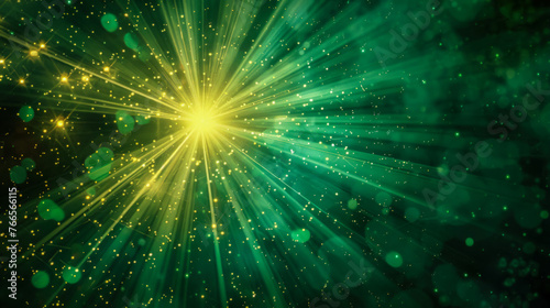 Asymmetric green light, abstract beautiful light rays on dark green blurry background with shades of green and yellow. Golden-green sparkling background with bokeh and space for text. Copy space.