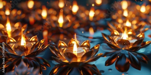 A close up of many lit candles in a body of water. The candles are arranged in a way that they are floating on the surface of the water. The scene has a serene and calming mood