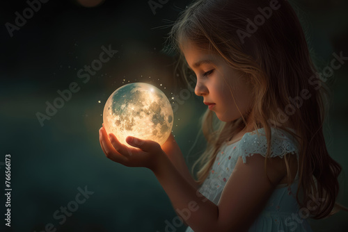 Little girl holding a glowing moon ball