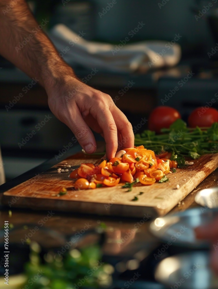 A man is cutting up tomatoes on a wooden cutting board. The tomatoes are sliced into small pieces and are being sprinkled with salt. The scene is set in a kitchen, with a stove in the background