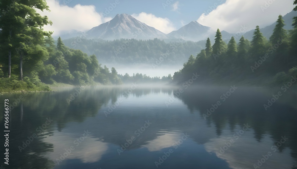 Serene Misty Lake Surrounded By Lush Forests And Upscaled 4