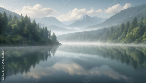 Serene Misty Lake Surrounded By Lush Forests And Upscaled 3