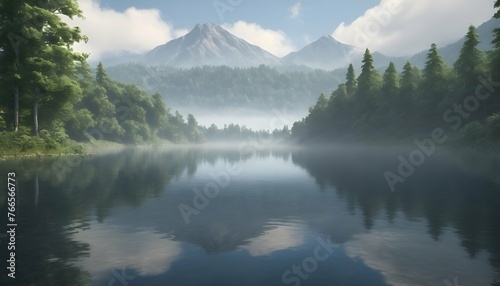 Serene Misty Lake Surrounded By Lush Forests And Upscaled 4