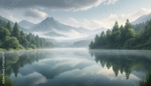 Serene Misty Lake Surrounded By Lush Forests And Upscaled 2