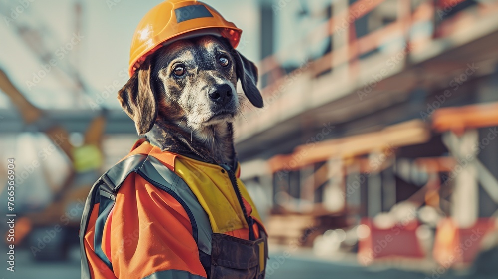 This image showcases a dog embodying vigilance and safety, equipped with a safety jacket and helmet, against the backdrop of a construction site that fades into a blur, emphasizing the subject. - obrazy, fototapety, plakaty 