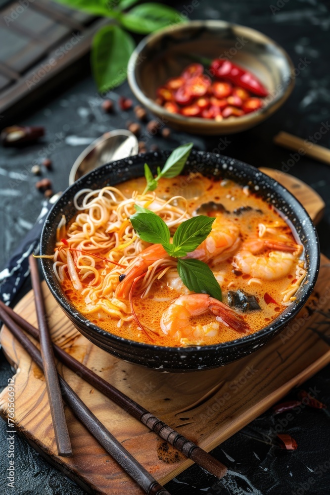 A bowl of soup with shrimp and basil on top. The bowl is black and the spoon is silver A bowl of soup with shrimp and basil on top. The bowl is black and the spoon is silver