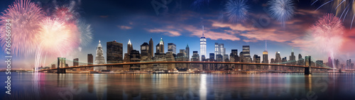 Vibrant Fireworks over New York City Skyline and Brooklyn Bridge © heroimage.io
