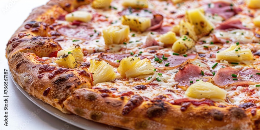 A pizza with pineapple and ham toppings. The pizza is on a white plate. The pizza is very large and has a lot of toppings