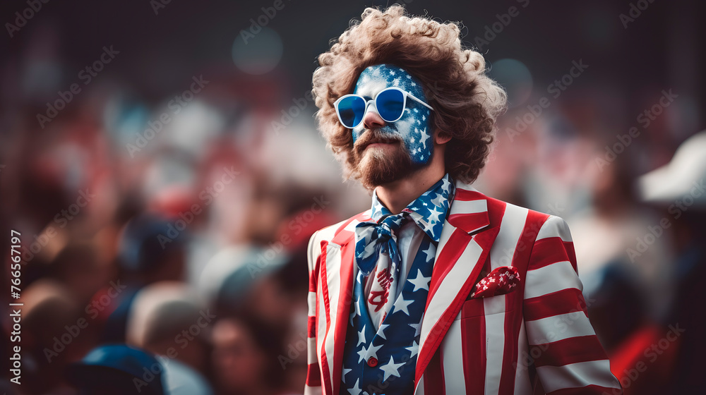 person dressed in united states theme, 4th of july celebration, united states independence - obrazy, fototapety, plakaty 