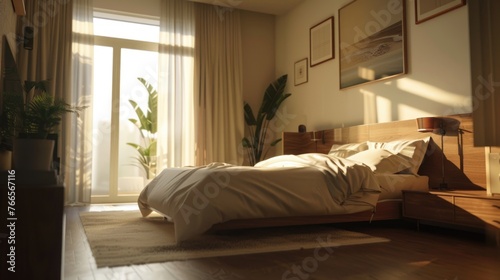 A bedroom with a large bed  a window  and a plant. The room is bright and inviting  with a sense of warmth and comfort