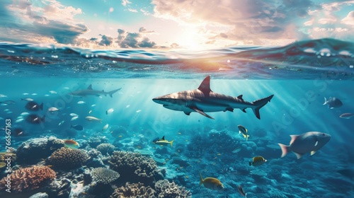 A shark is swimming in the ocean with many fish around it. The water is blue and the sky is cloudy © vefimov
