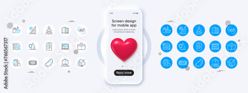 Phone mockup with 3d heart icon. Checklist, Sale and 5g wifi line icons. Pack of Handbag, Buildings, Call center icon. 360 degree, Yoga, Sale bags pictogram. Vector