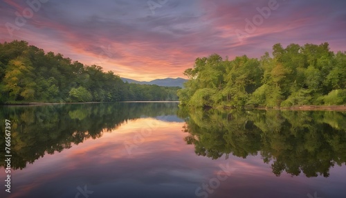 Serene Tranquil Lake At Sunset With Vibrant Hues