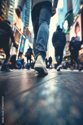 A man is walking down a busy city street with many people around him. The scene is bustling and lively, with people walking and going about their day